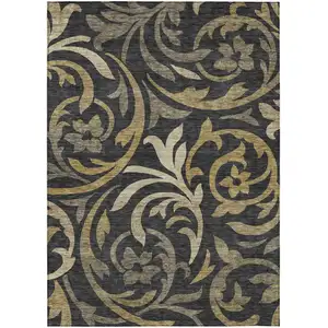 Photo of Black Taupe And Gold Floral Washable Indoor Outdoor Area Rug