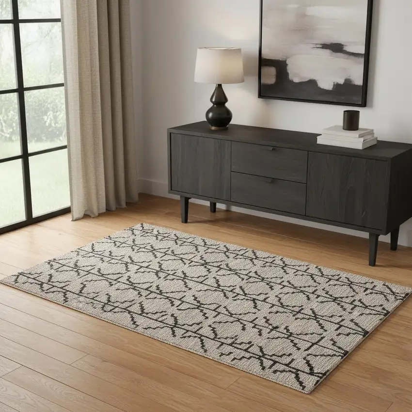 Black And Taupe Wool Geometric Hand Tufted Area Rug Photo 1