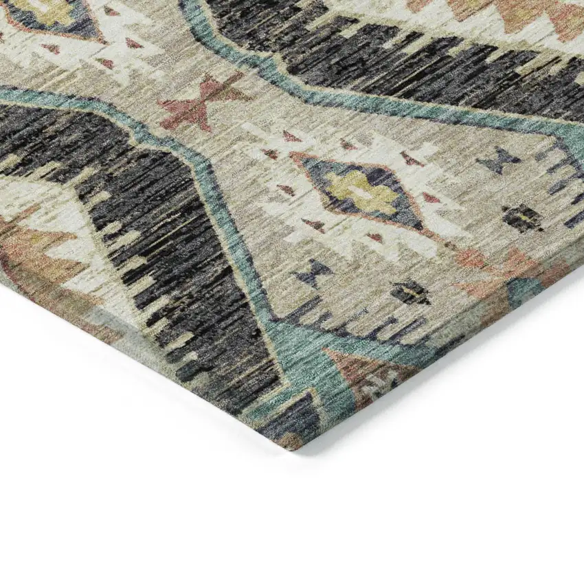 Black Teal Blue And Beige Moroccan Washable Indoor Outdoor Area Rug Photo 5