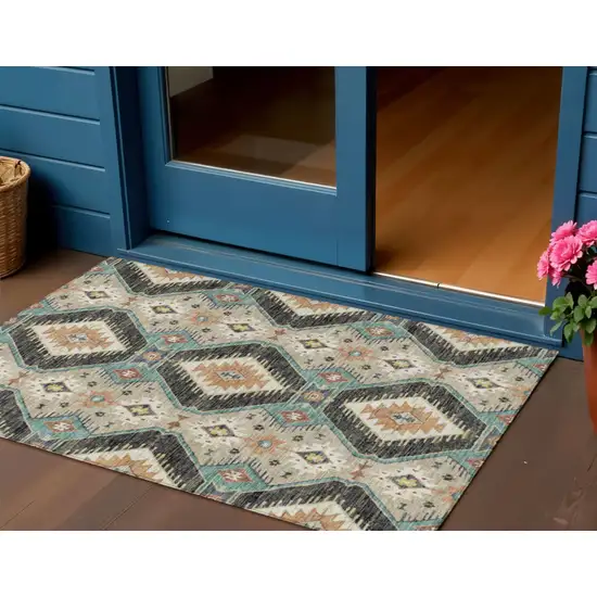 Black Teal Blue And Beige Moroccan Washable Indoor Outdoor Area Rug Photo 2