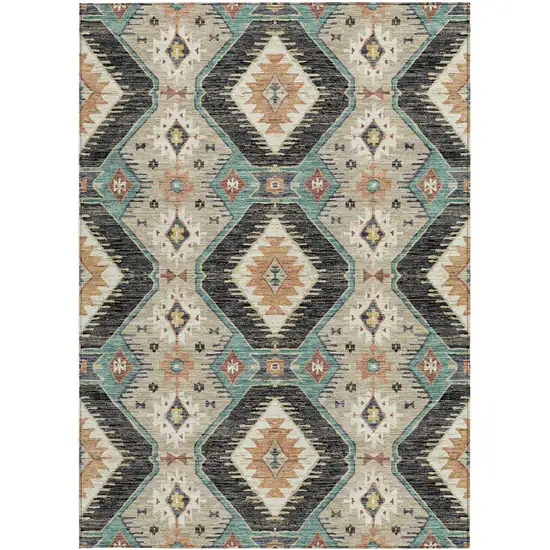 Black Teal Blue And Beige Moroccan Washable Indoor Outdoor Area Rug Photo 3