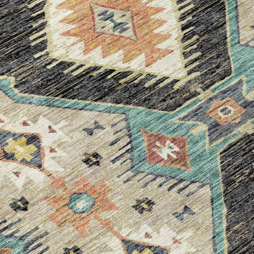 Black Teal Blue And Beige Moroccan Washable Indoor Outdoor Area Rug Photo 6