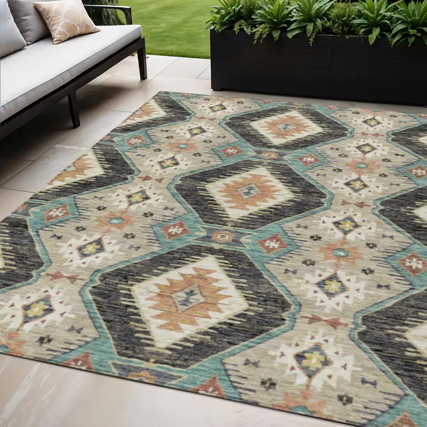Black Teal Blue And Beige Moroccan Washable Indoor Outdoor Area Rug Photo 2
