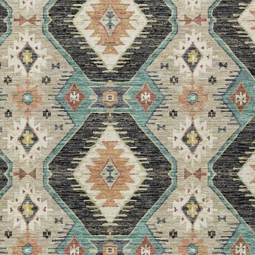 Black Teal Blue And Beige Moroccan Washable Indoor Outdoor Area Rug Photo 5