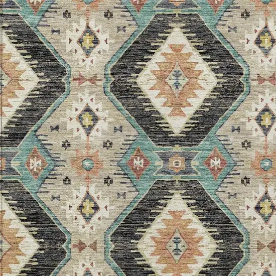 Black Teal Blue And Beige Moroccan Washable Indoor Outdoor Area Rug Photo 5