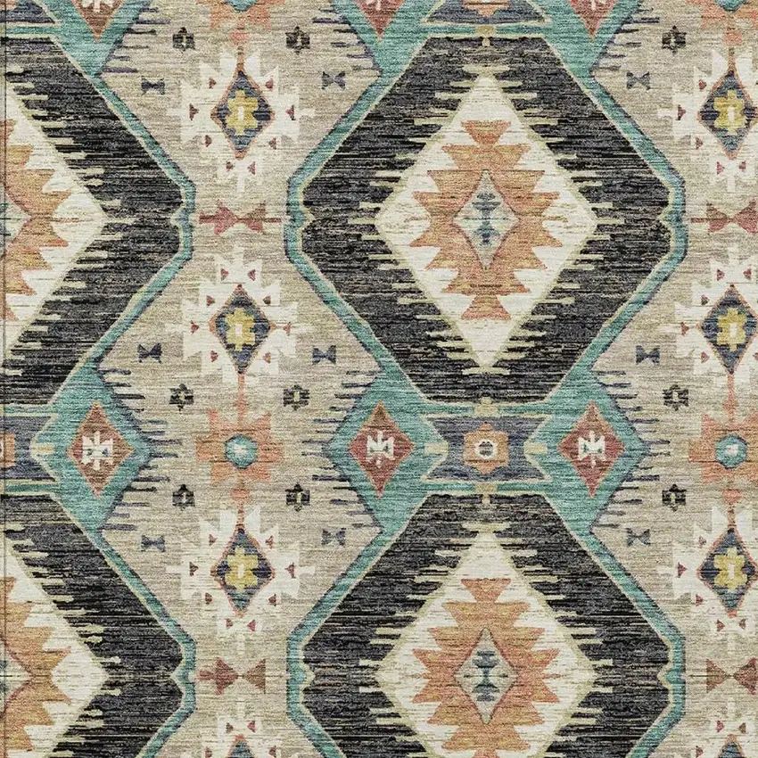 Black Teal Blue And Beige Moroccan Washable Indoor Outdoor Area Rug Photo 5