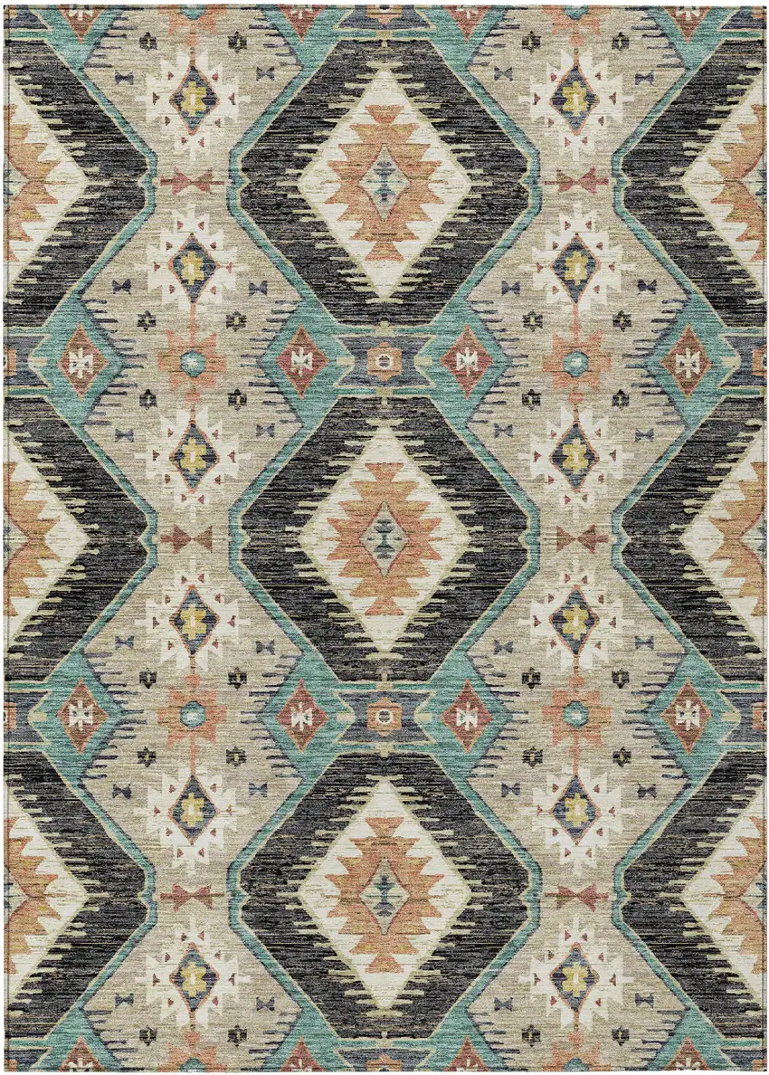 Black Teal Blue And Beige Moroccan Washable Indoor Outdoor Area Rug Photo 1