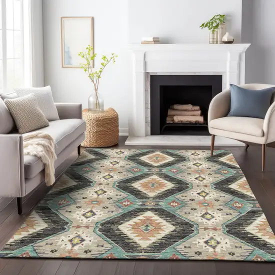 Black Teal Blue And Beige Moroccan Washable Indoor Outdoor Area Rug Photo 9