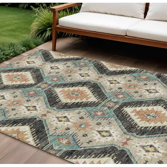 Black Teal Blue And Beige Moroccan Washable Indoor Outdoor Area Rug Photo 2