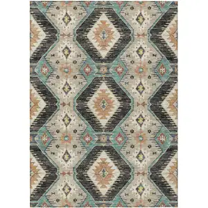 Photo of Black Teal Blue And Beige Moroccan Washable Indoor Outdoor Area Rug