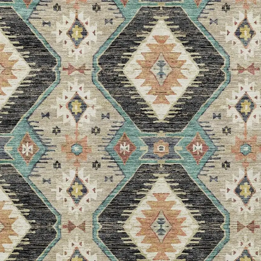 Black Teal Blue And Beige Moroccan Washable Indoor Outdoor Area Rug Photo 5