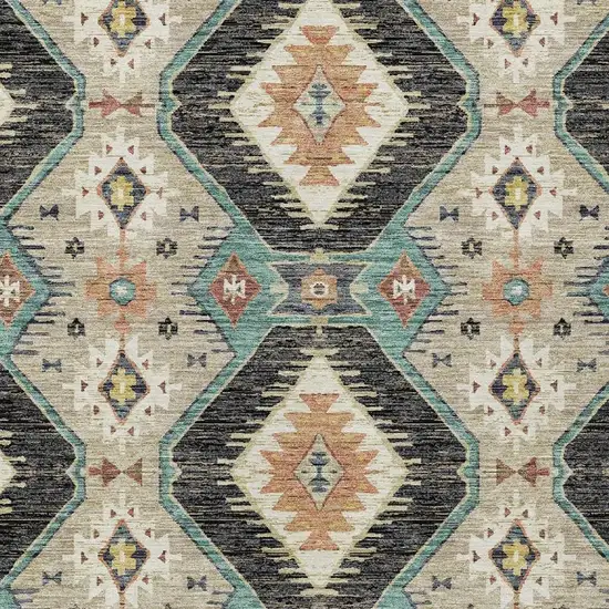 Black Teal Blue And Beige Moroccan Washable Indoor Outdoor Area Rug Photo 5