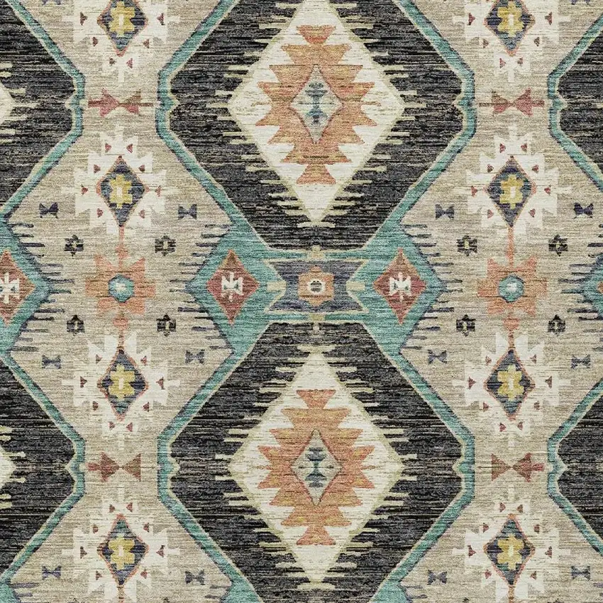 Black Teal Blue And Beige Moroccan Washable Indoor Outdoor Area Rug Photo 5