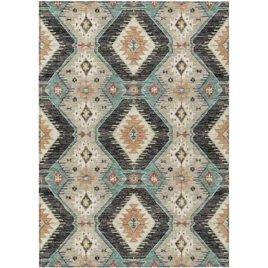 Black Teal Blue And Beige Moroccan Washable Indoor Outdoor Area Rug Photo 1