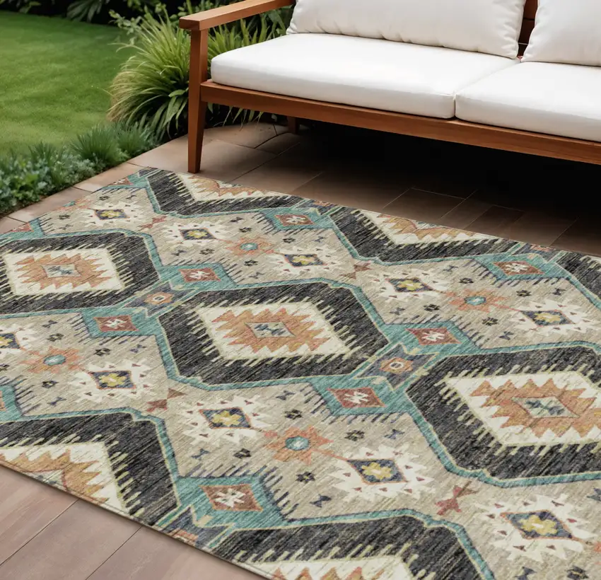 Black Teal Blue And Beige Moroccan Washable Indoor Outdoor Area Rug Photo 2