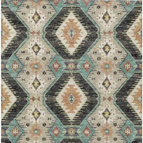 Black Teal Blue And Beige Moroccan Washable Indoor Outdoor Area Rug Photo 3