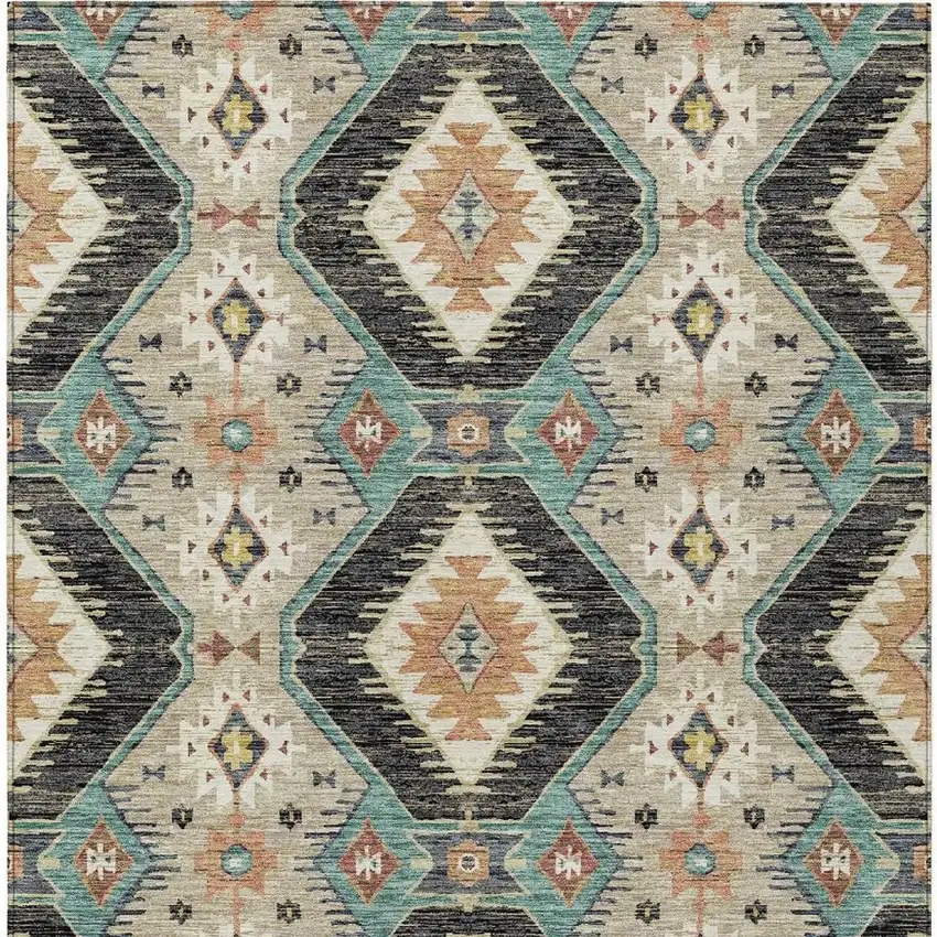 Black Teal Blue And Beige Moroccan Washable Indoor Outdoor Area Rug Photo 3