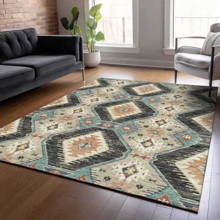 Black Teal Blue And Beige Moroccan Washable Indoor Outdoor Area Rug Photo 8