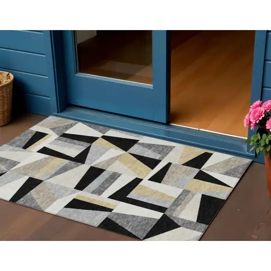 Black Wheat And Ivory Geometric Washable Indoor Outdoor Area Rug Photo 1