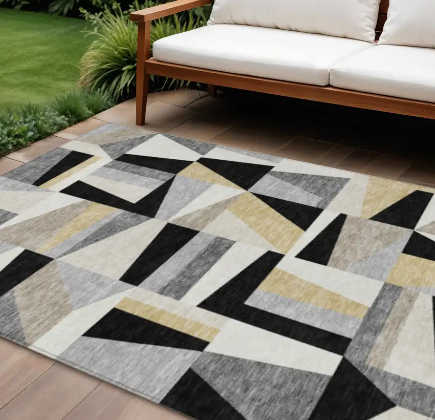 Black Wheat And Ivory Geometric Washable Indoor Outdoor Area Rug Photo 1