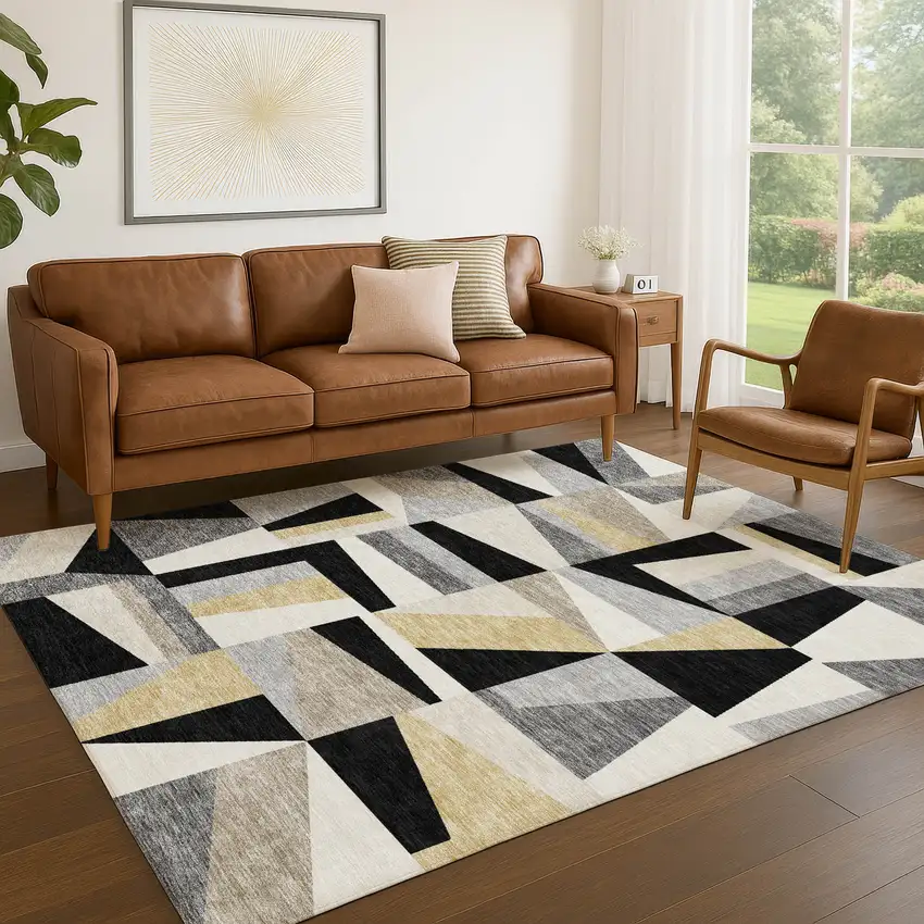 Black Wheat And Ivory Geometric Washable Indoor Outdoor Area Rug Photo 7