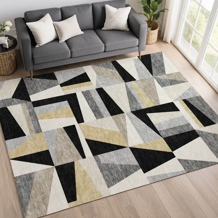 Black Wheat And Ivory Geometric Washable Indoor Outdoor Area Rug Photo 8
