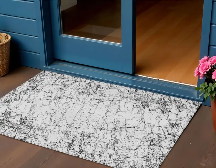 Black White And Gray Abstract Washable Indoor Outdoor Area Rug Photo 1