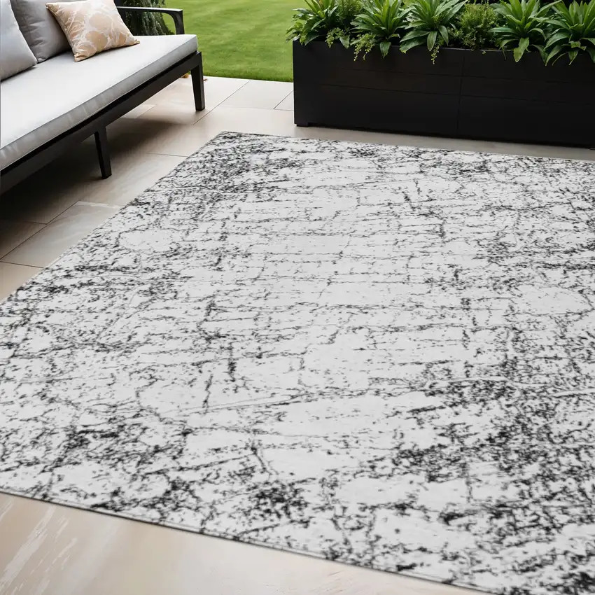 Black White And Gray Abstract Washable Indoor Outdoor Area Rug Photo 1