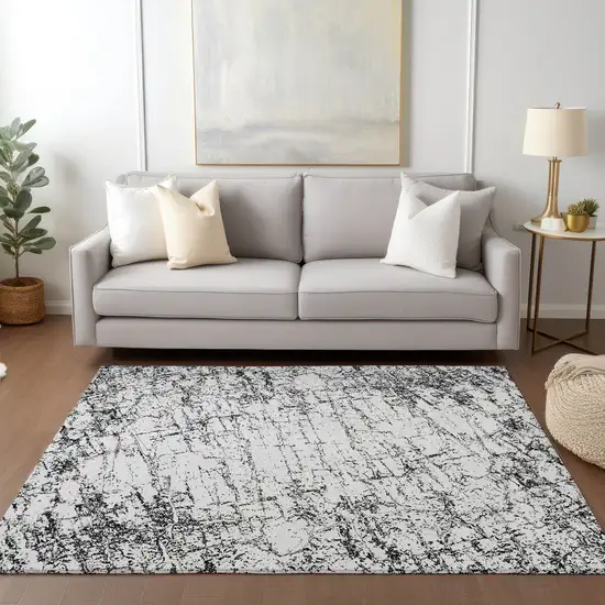Black White And Gray Abstract Washable Indoor Outdoor Area Rug Photo 6