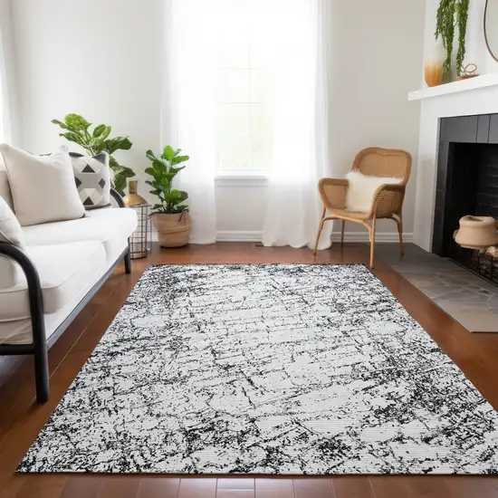 Black White And Gray Abstract Washable Indoor Outdoor Area Rug Photo 7