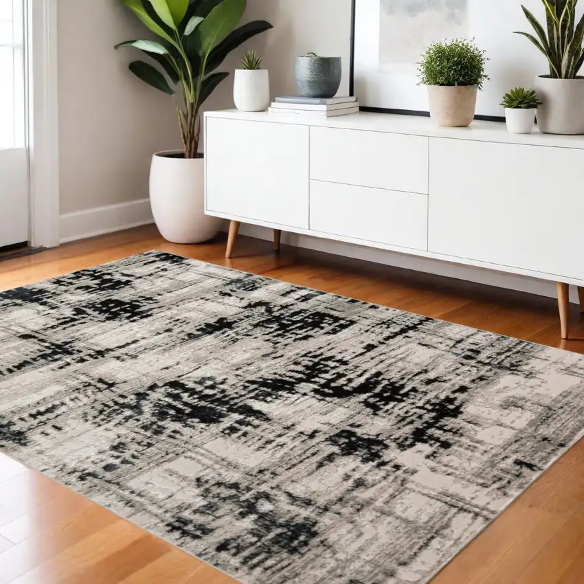 Black Gray And White Abstract Area Rug Photo 1
