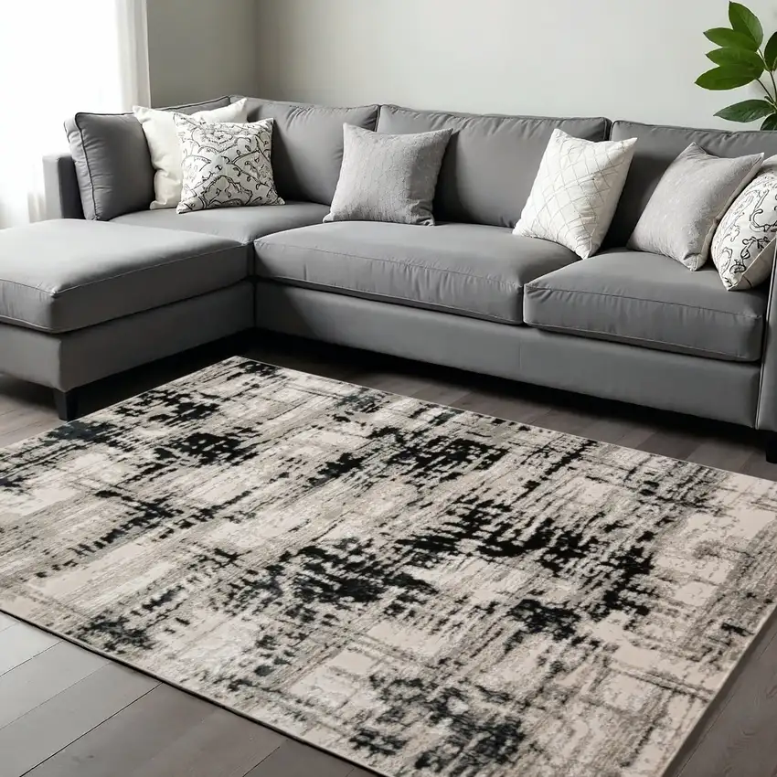 Black Gray And White Abstract Area Rug Photo 1