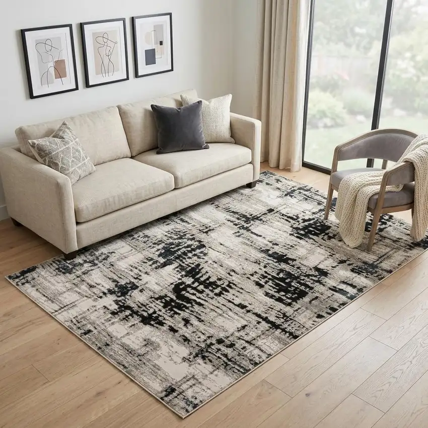 Black Gray And White Abstract Area Rug Photo 1