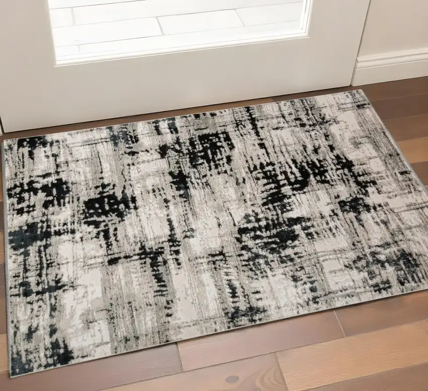 Black Gray And White Abstract Area Rug Photo 7