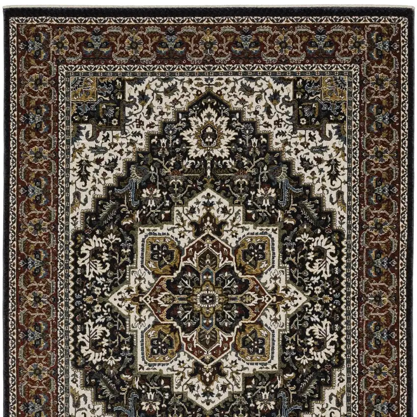 Black White And Red Medallion Area Rug With Fringe Photo 8