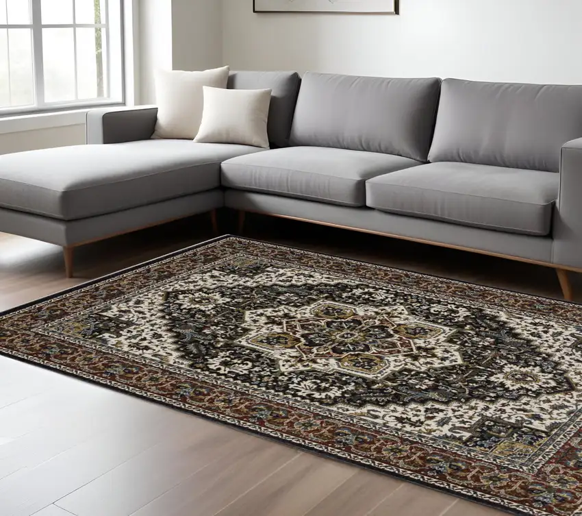 Black White And Red Medallion Area Rug With Fringe Photo 1