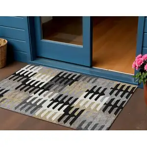 Photo of Black White And Wheat Geometric Washable Indoor Outdoor Area Rug