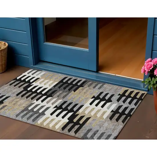 Black White And Wheat Geometric Washable Indoor Outdoor Area Rug Photo 1