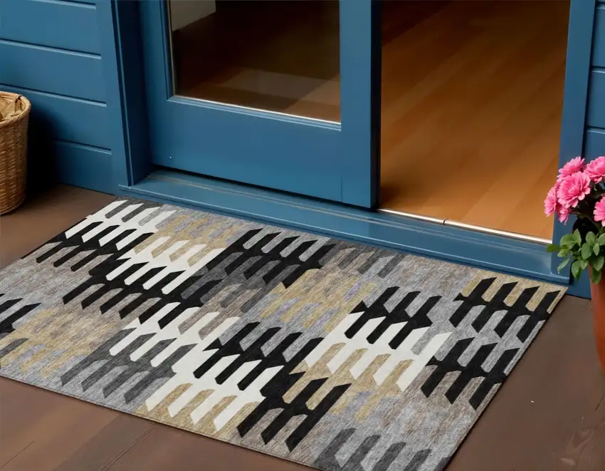 Black White And Wheat Geometric Washable Indoor Outdoor Area Rug Photo 1