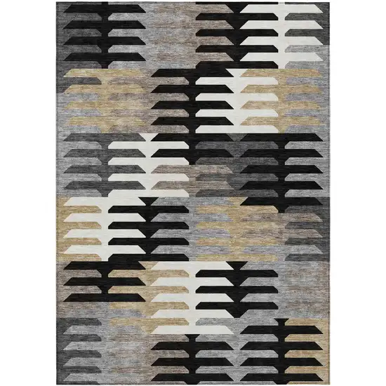 Black White And Wheat Geometric Washable Indoor Outdoor Area Rug Photo 2