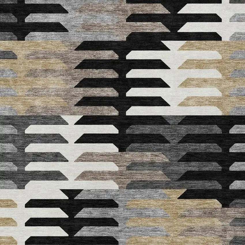 Black White And Wheat Geometric Washable Indoor Outdoor Area Rug Photo 7