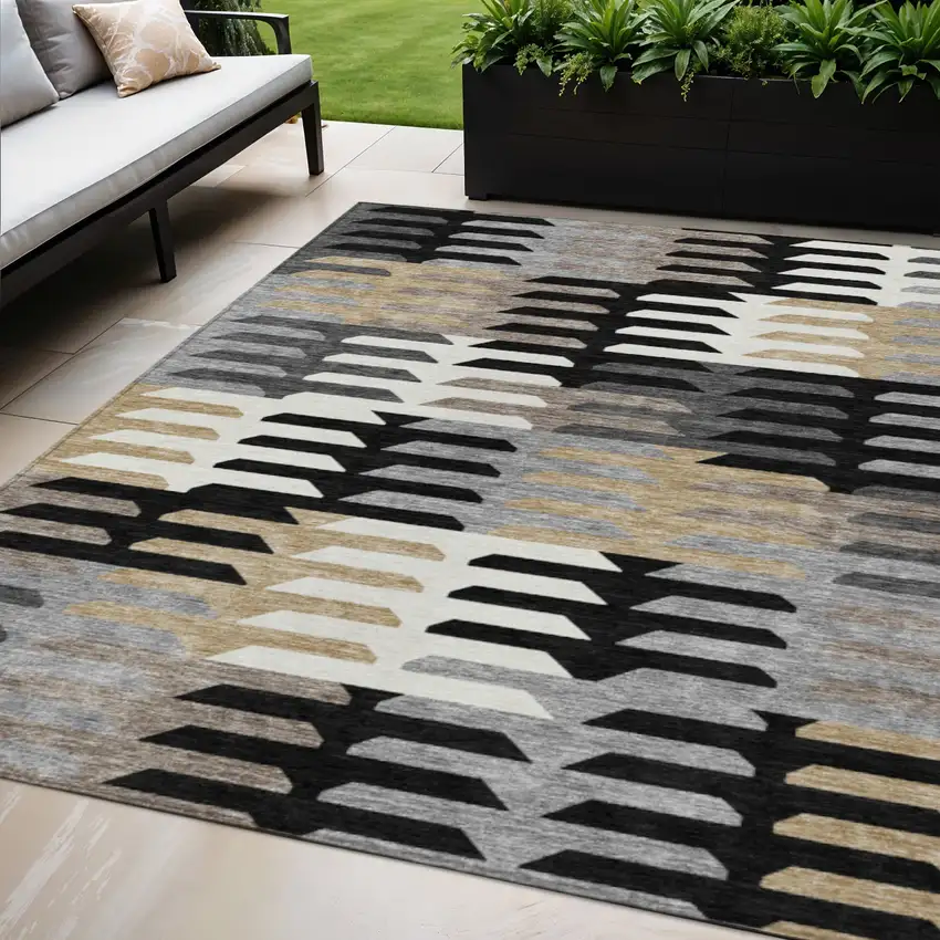 Black White And Wheat Geometric Washable Indoor Outdoor Area Rug Photo 1