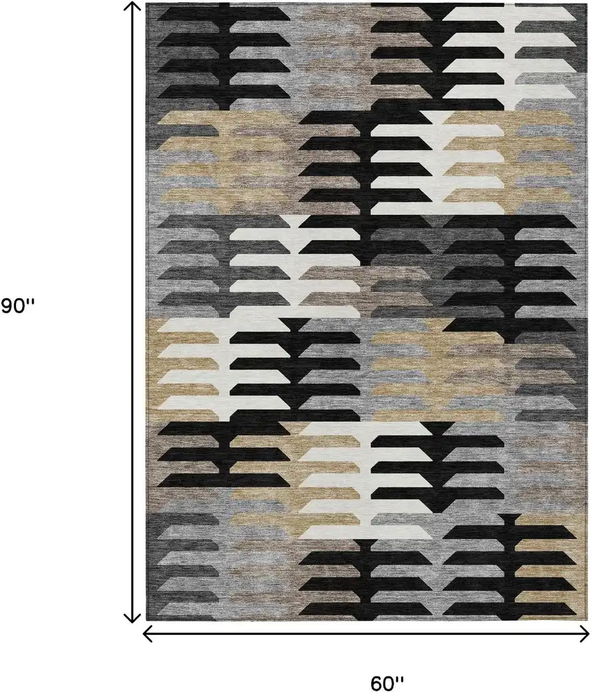 Black White And Wheat Geometric Washable Indoor Outdoor Area Rug Photo 3