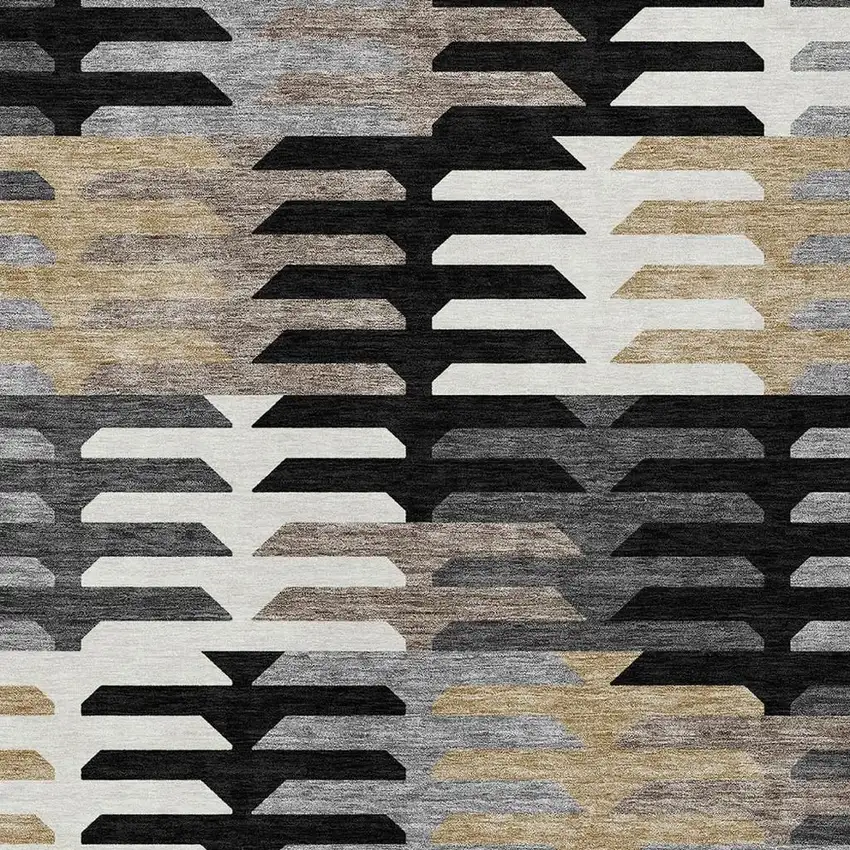 Black White And Wheat Geometric Washable Indoor Outdoor Area Rug Photo 7