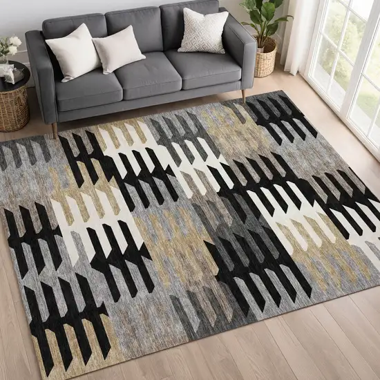 Black White And Wheat Geometric Washable Indoor Outdoor Area Rug Photo 9