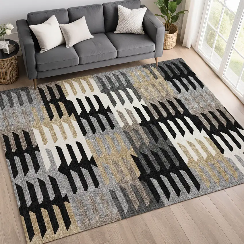 Black White And Wheat Geometric Washable Indoor Outdoor Area Rug Photo 9