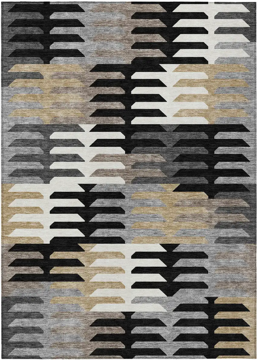Black White And Wheat Geometric Washable Indoor Outdoor Area Rug Photo 2