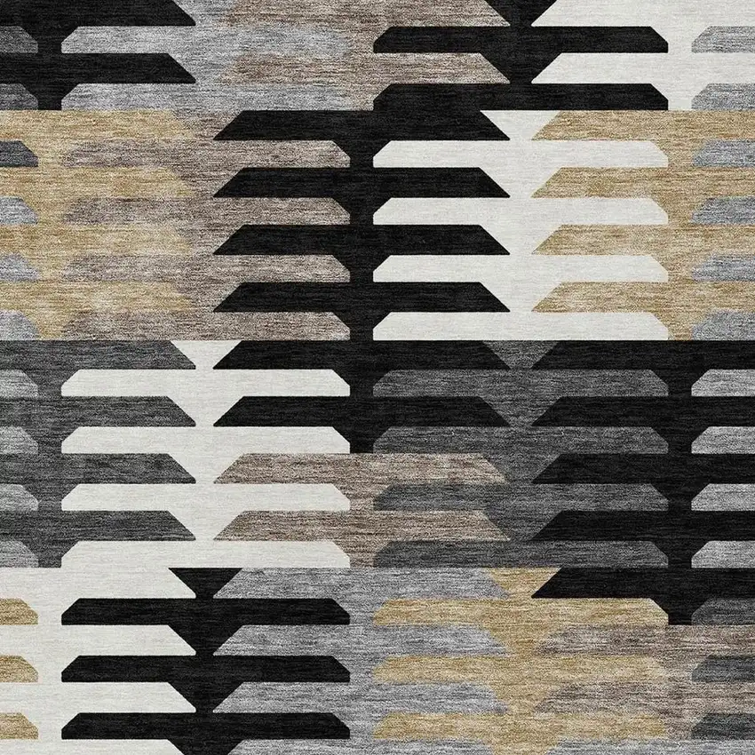 Black White And Wheat Geometric Washable Indoor Outdoor Area Rug Photo 7