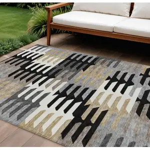 Photo of Black White And Wheat Geometric Washable Indoor Outdoor Area Rug