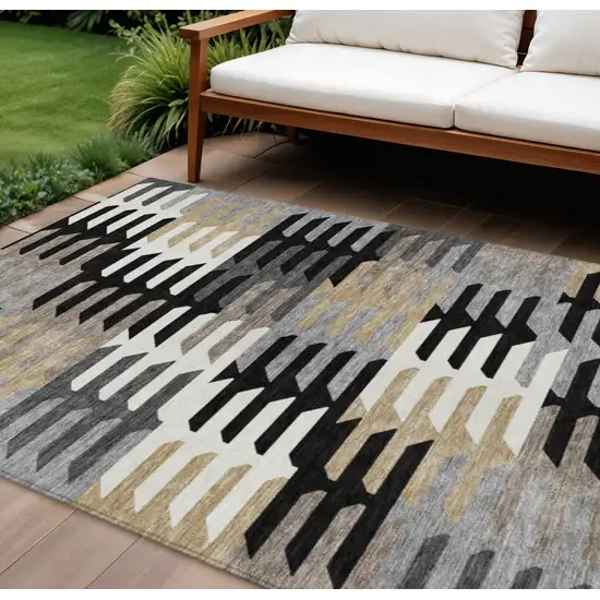 Black White And Wheat Geometric Washable Indoor Outdoor Area Rug Photo 1
